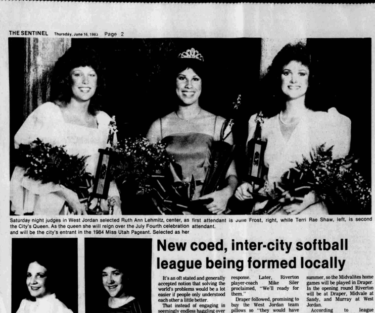 Three young women in formal dresses pose with bouquets and trophies. The center woman wears a crown and sash, smiling, with one woman on each side of her. The image is part of a newspaper page with text below and beside it.