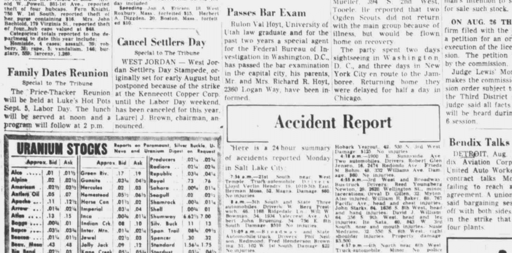 A newspaper page featuring articles on a family reunion, cancellation of Settlers Day, bar exam results, an accident report, uranium stock prices, and a notice about the Bendix talks. The layout includes headlines and columns of text.