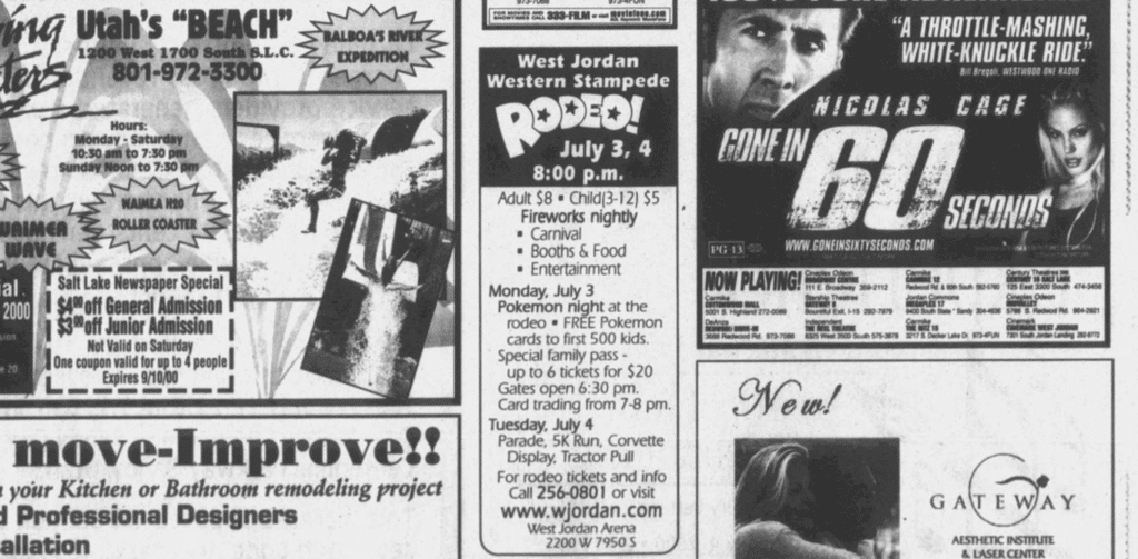 A black-and-white newspaper page with ads for a beach resort, a rodeo, a movie poster for Gone in 60 Seconds, home remodeling, and an ad for the Gateway Institute & Laser Center.