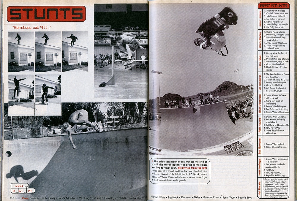 A vintage magazine spread features black-and-white skateboarding photos, a large action shot of a skater launching off a vert ramp, and a list titled “Best Stunts” on the right side. The heading reads “STUNTS.”.