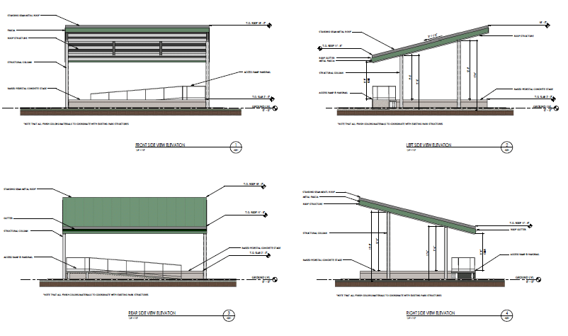 Architectural elevation drawings of a simple building with a sloped green roof, showing front, rear, left, and right views. Labels indicate key dimensions, slope, and structural features across all sides.