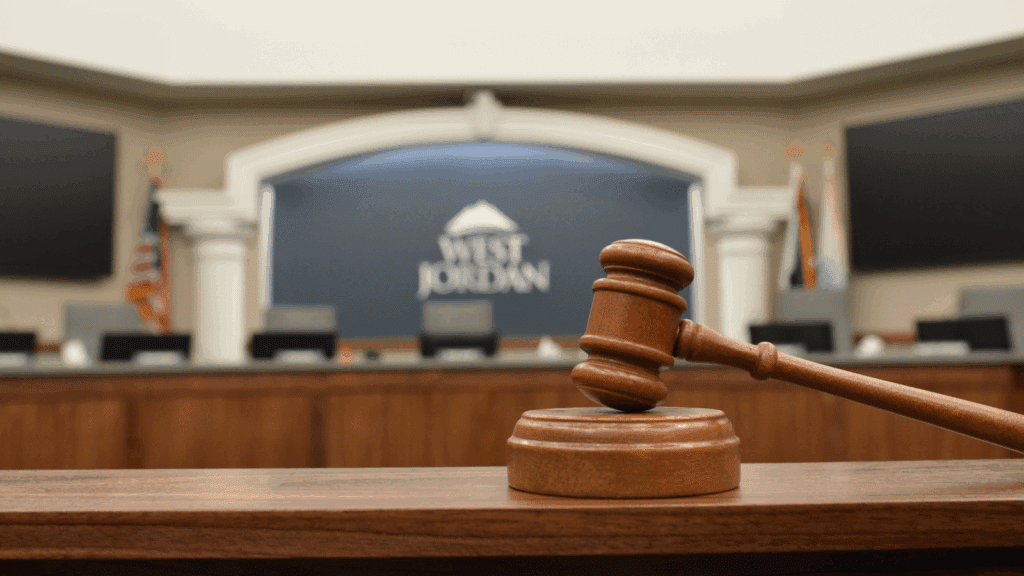 A judge’s gavel rests on a wooden desk in an empty courtroom, with flags and a blurred sign reading West Jordan in the background.