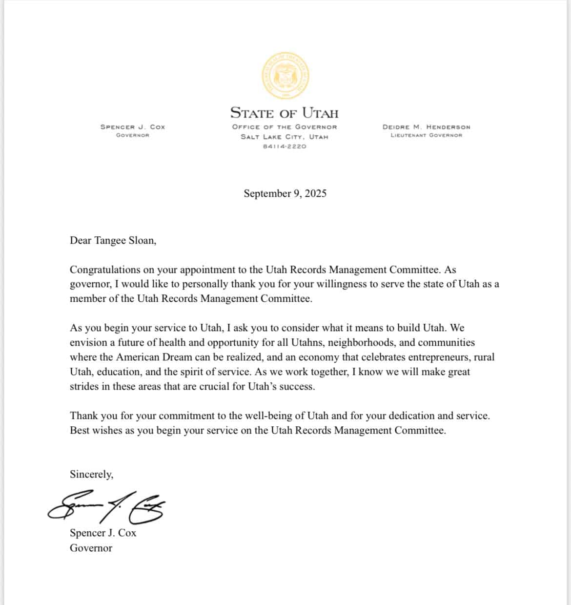 A formal letter from Governor Spencer J. Cox, State of Utah, congratulates Tangee Sloan on her appointment to the Utah Records Management Committee, expressing gratitude and highlighting the committee’s importance.