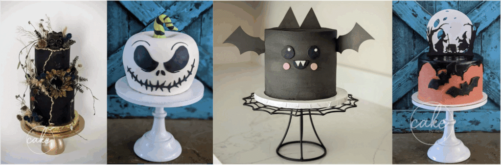 Four Halloween-themed cakes: a tall black cake with dried flowers and gold accents; a white cake with a Jack Skellington face and striped hat; a black bat cake with wings and cute eyes; a pink and black cake with bats and a haunted house.
