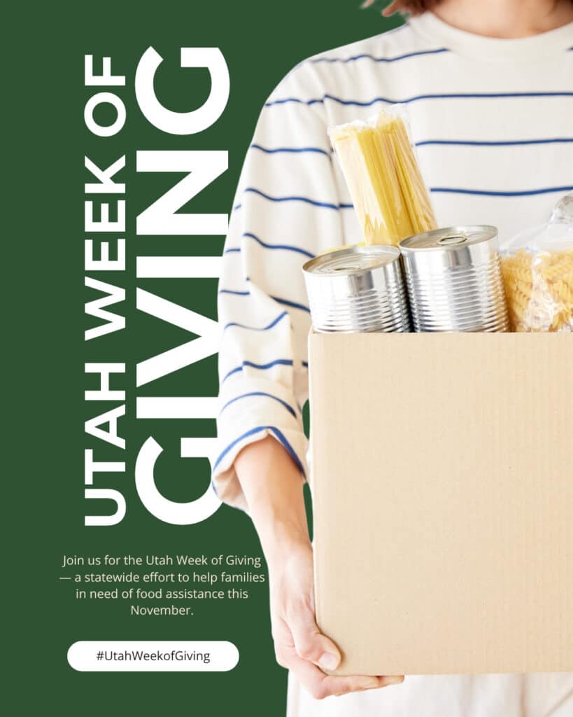 A person in a striped shirt holds a cardboard box filled with canned food and pasta. Text beside them promotes the Utah Week of Giving, a statewide food assistance effort. Hashtag: #UtahWeekofGiving.
