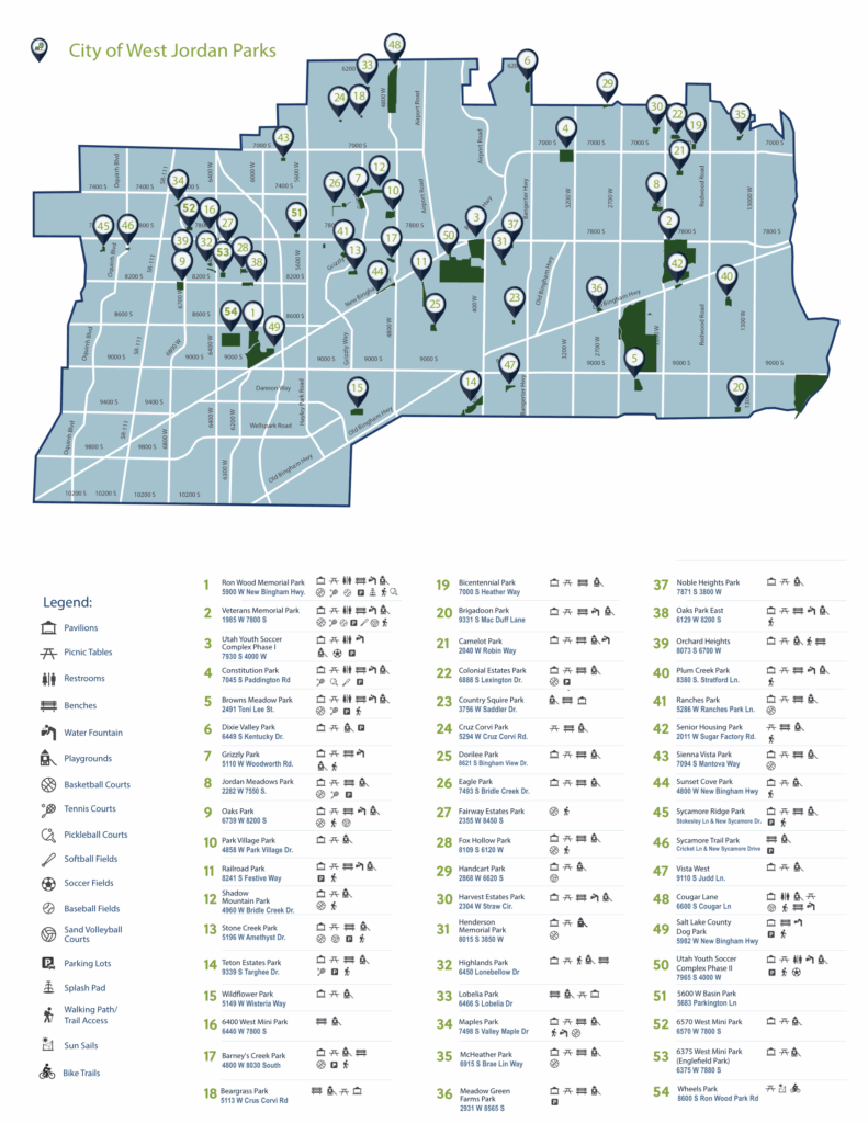 Map of West Jordan, Utah, highlighting parks with numbered icons. The map shows streets, park locations, and a legend indicating features like playgrounds, restrooms, trails, courts, and shelters, with a numbered park list below.