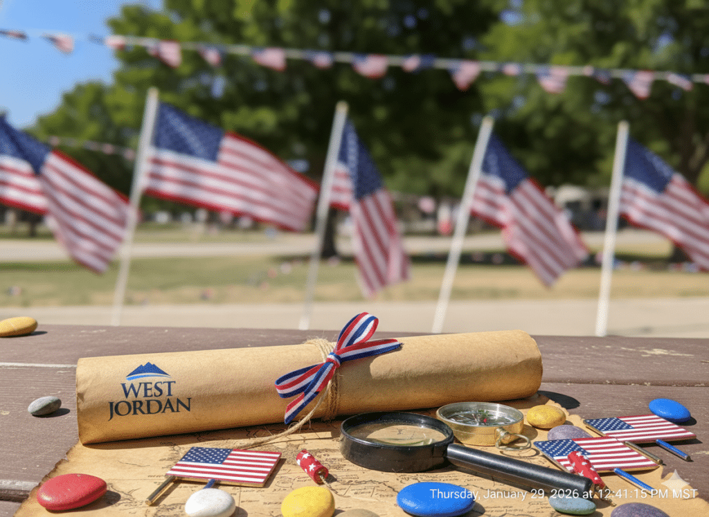 A rolled certificate labeled West Jordan tied with a red, white, and blue ribbon sits on a table with patriotic decorations, small flags, coins, and tokens. Several American flags and trees are visible in the background.