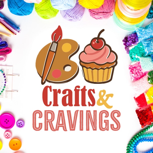 Art supplies and colorful beads surround a graphic of a paint palette with a brush and a cupcake with a cherry on top. The text below reads Crafts & Cravings in red and yellow.