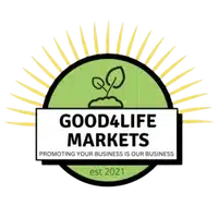 A circular logo with a green background, featuring a sprouting plant, yellow rays, and the text: GOOD4LIFE MARKETS. PROMOTING YOUR BUSINESS IS OUR BUSINESS. est 2021.