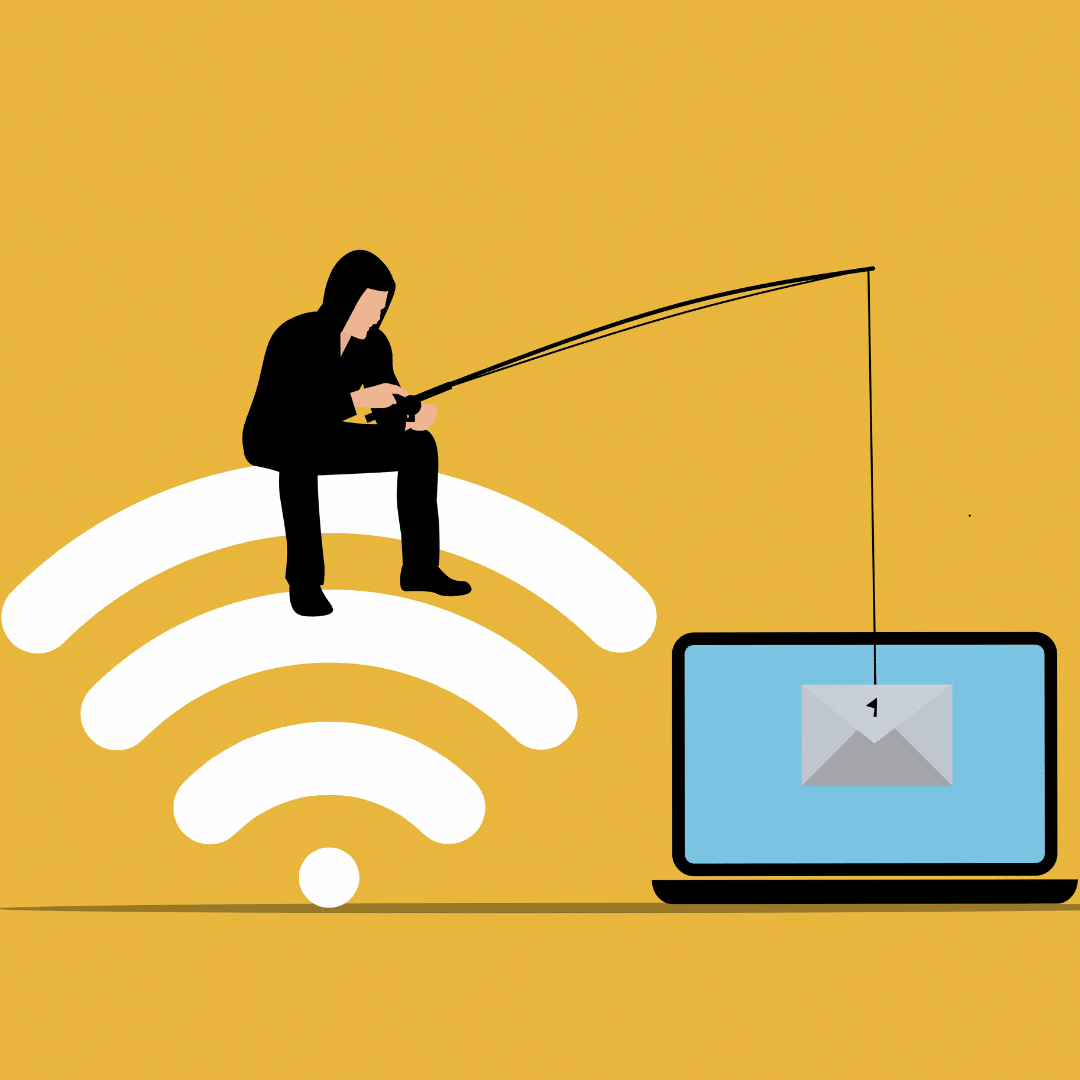 A person in dark clothing sits on a Wi-Fi symbol, using a fishing rod to hook an email icon displayed on a laptop screen, symbolizing email phishing scams. The background is yellow.