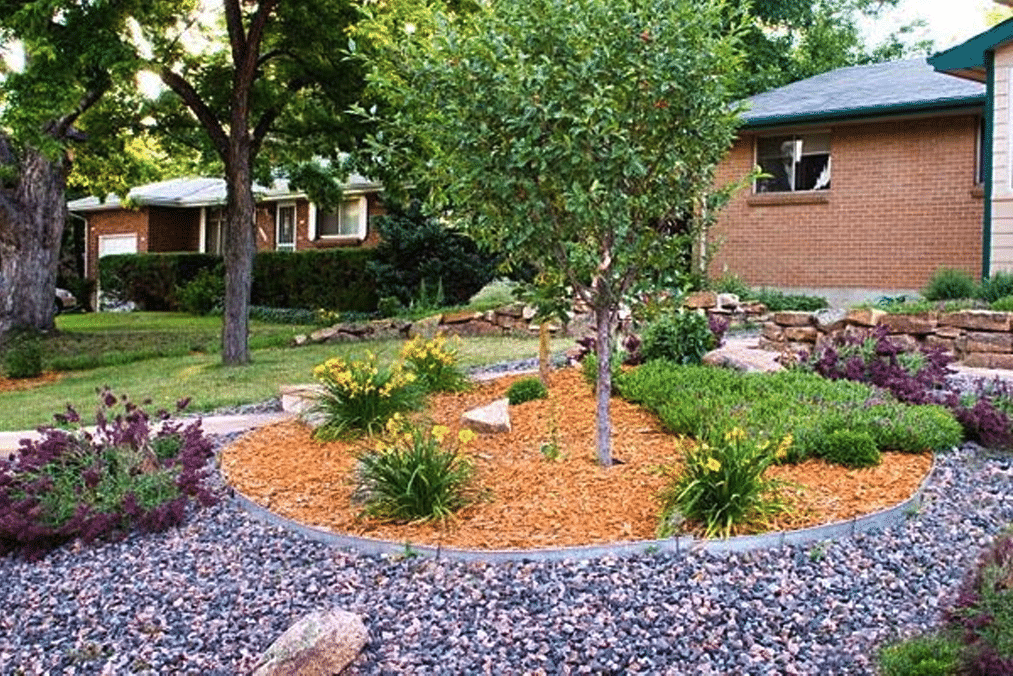 A landscaped front yard with a small tree, yellow flowers, green shrubs, and purple plants. Mulch covers one area, and decorative stones fill another. A brick house and a large green lawn are seen in the background.