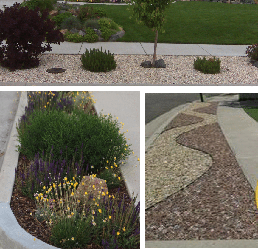A collage of three xeriscaped yards featuring low-water plants, decorative rocks, mulch, and a meandering stone path designed for sustainable landscaping and minimal lawn area.