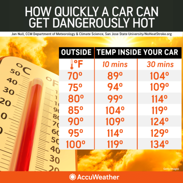 A chart shows how car interiors heat up quickly at various outside temperatures, ranging from 70°F to 100°F. After 10, 20, and 30 minutes, inside temps rise dangerously, reaching up to 139°F in 30 minutes at 100°F outside.
