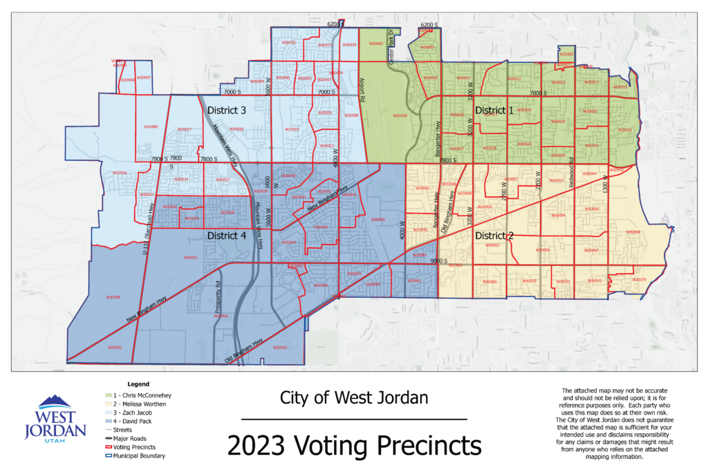 A colorful map showing the 2023 voting precincts in the city of west jordan.